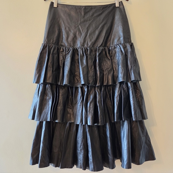 Dominic Bellissimo Black Soft Leather Tiered Ruffle Midi Skirt Boho Chic Black 8 - Picture 4 of 15